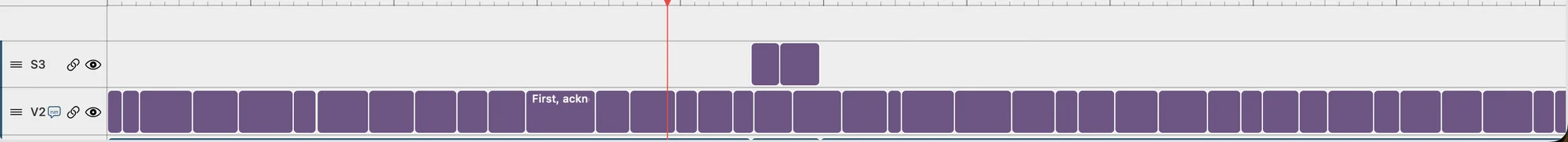 The timeline after dropping a transcription session: a new subtitle track S3 with caption clips appears above the existing caption track.