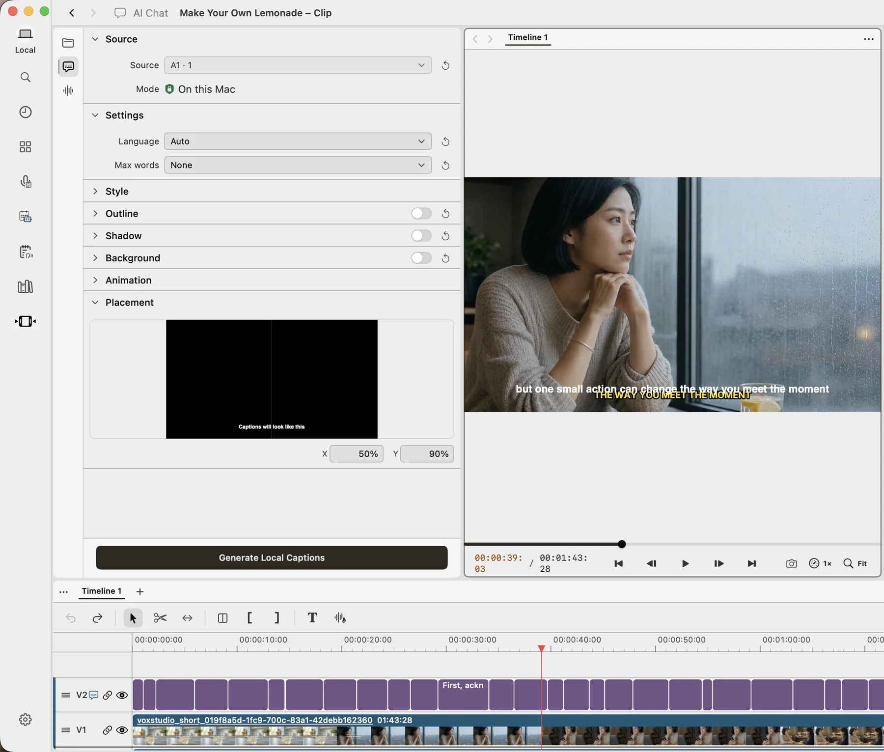 VoxStudio video editor on Mac with the Captions panel open, a caption track on the timeline and burned-in captions on the preview.
