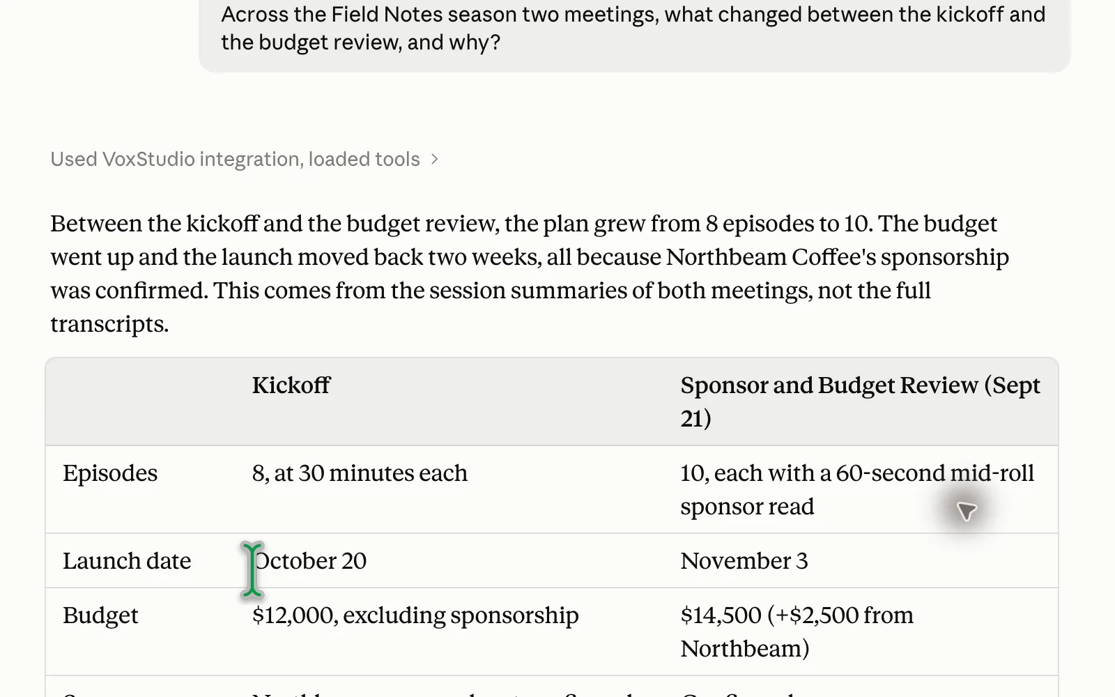 Claude answer comparing the Kickoff and the Sponsor and Budget Review: episodes, launch date, budget, sponsor and remote recording.