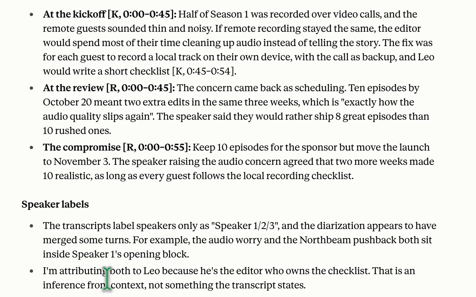 Claude answer about the audio-quality concern with citations such as [K, 0:00-0:45] and [R, 0:00-0:45] pointing to the kickoff and the review.