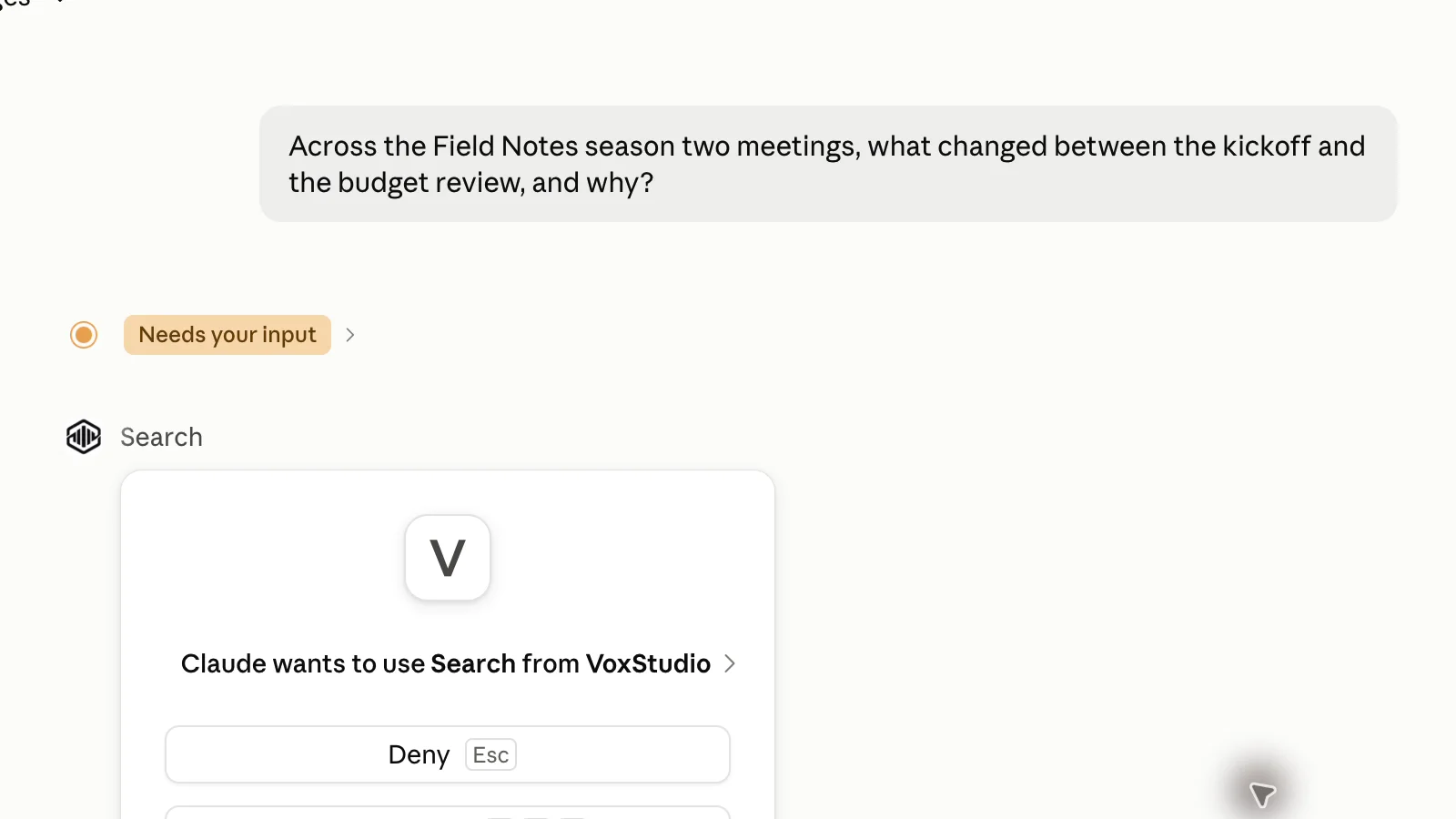 Claude asking for permission to use Search from VoxStudio after the Field Notes question, with Deny, Always allow and Allow once.