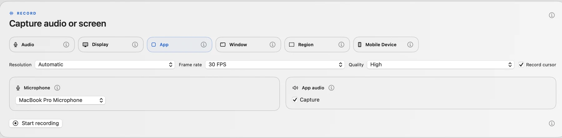 The capture settings VoxStudio fills in for you: App mode, Automatic resolution, 30 FPS, High quality, MacBook Pro Microphone and App audio Capture.