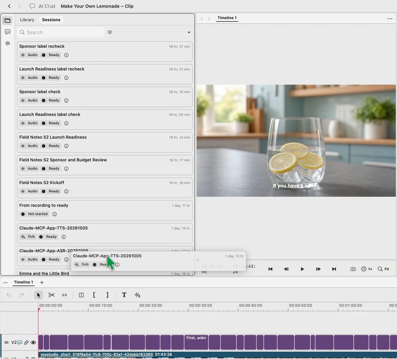 Dragging a dub session from the Sessions panel toward the timeline in the VoxStudio video editor.
