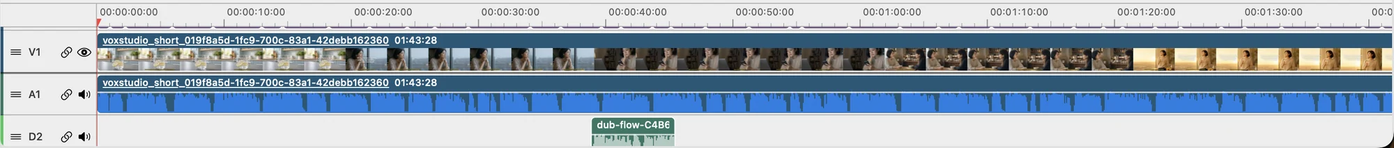 The timeline after the drop: a new dub audio track appears below the original video and audio tracks.