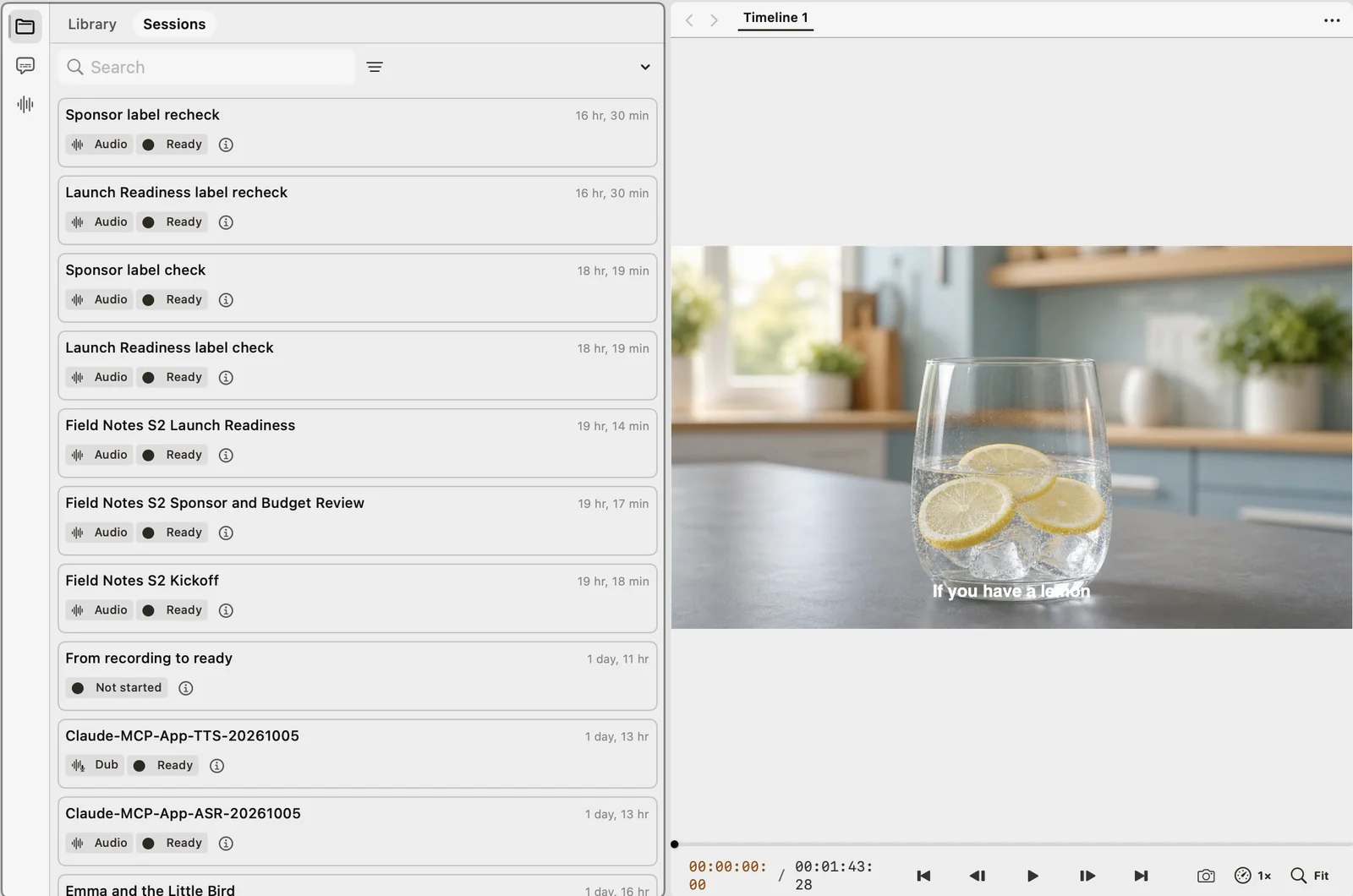 The VoxStudio video editor with the Sessions tab open, listing audio and dub sessions that are ready to use.