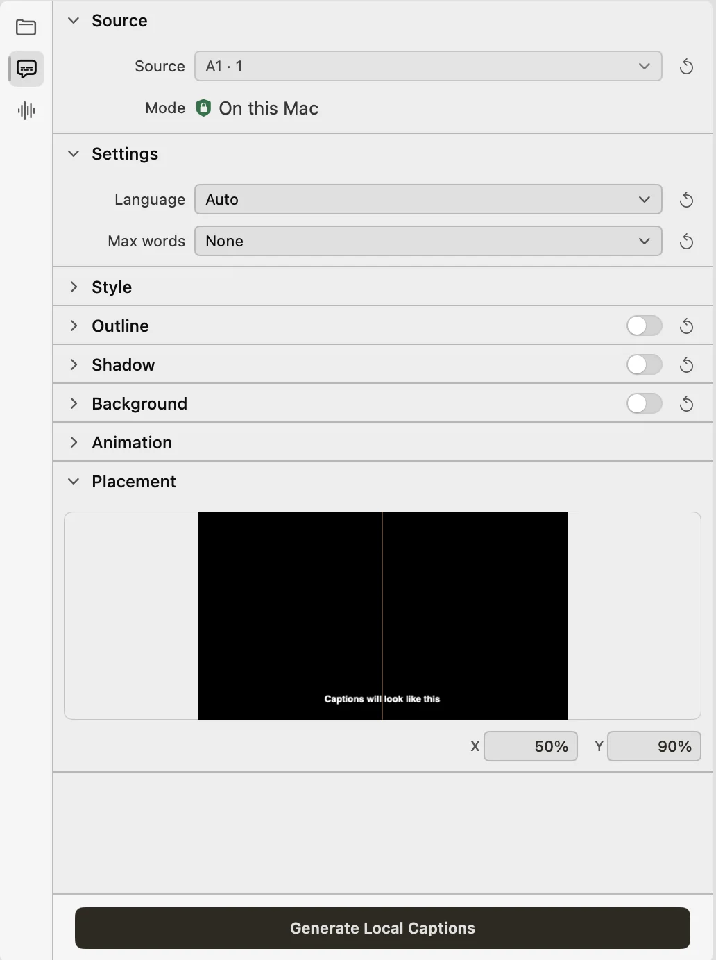 The full Captions panel with Source set to A1, Mode On this Mac, language, max words, style sections, placement preview and the Generate Local Captions button.