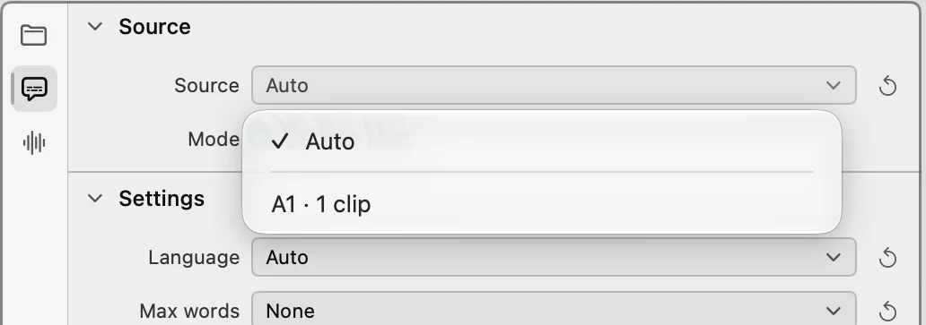 The Captions panel Source menu with Auto and the A1 audio track as options.