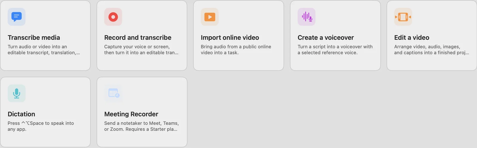 The VoxStudio Create page with cards for Transcribe media, Record and transcribe, Import online video, Create a voiceover, Edit a video, Dictation and Meeting Recorder.