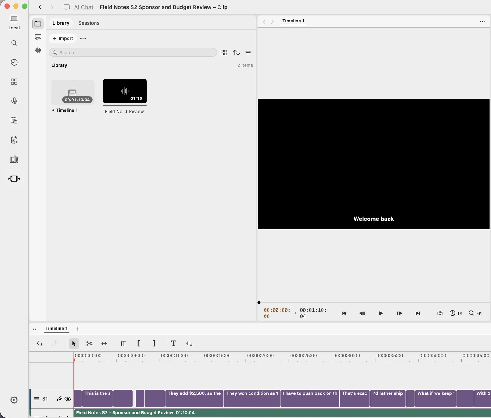 The VoxStudio video editor after New clip, with the recording in the Library, a preview showing the caption "Welcome back", and a subtitle track S1 filled with caption clips above the media track.