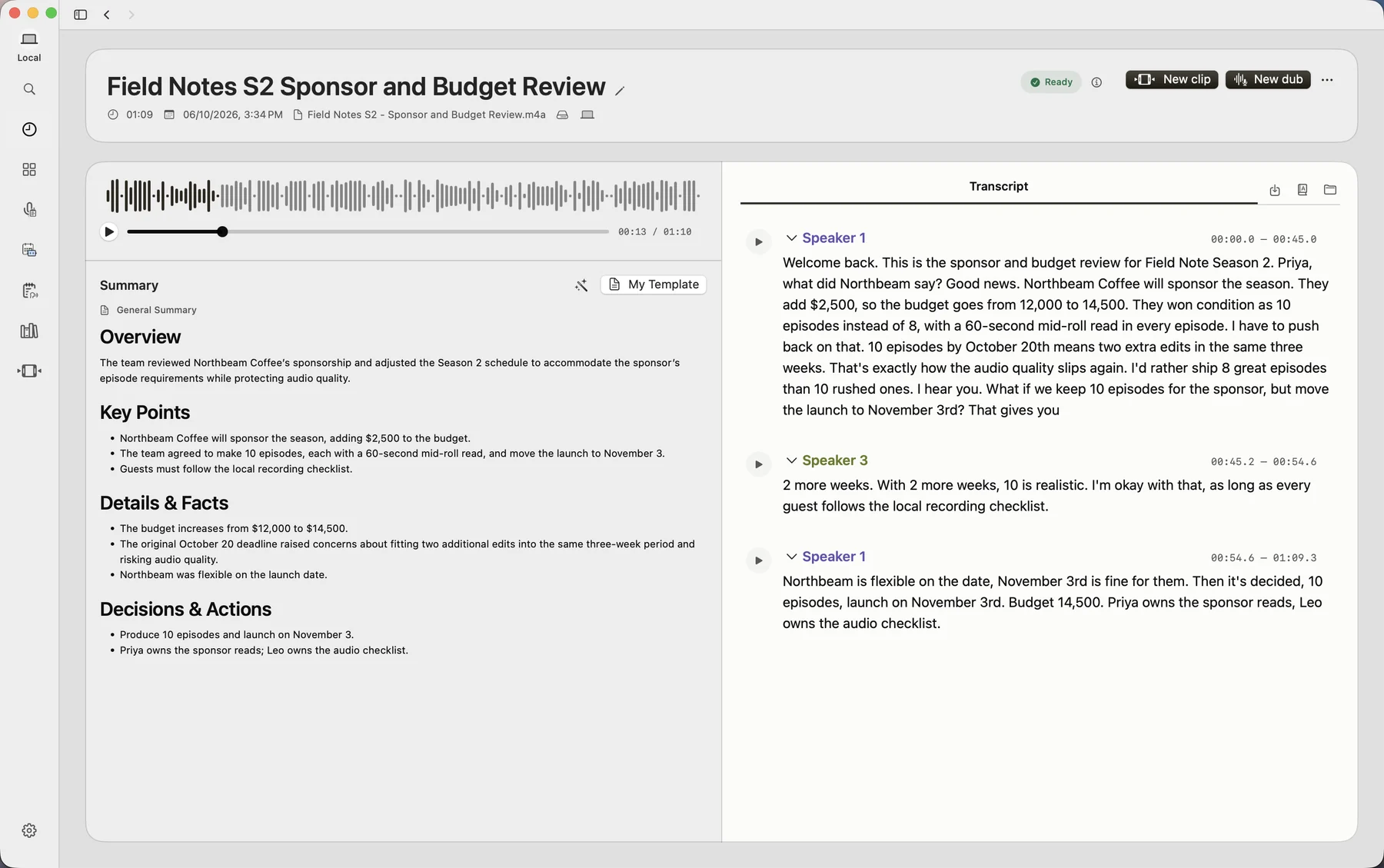 A VoxStudio session workspace for a budget review recording, with the audio player, a summary with Overview, Key Points and Decisions, and a speaker-labelled transcript, plus New clip and New dub buttons.