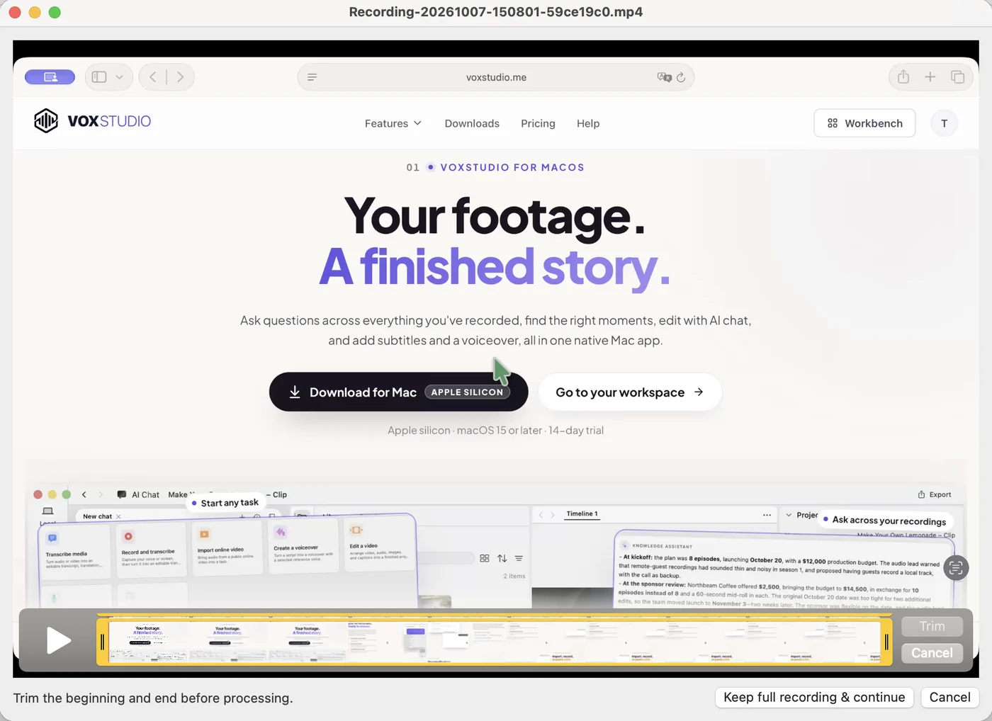 Preview of the finished recording with a yellow trim bar, Trim and Cancel buttons, and Keep full recording & continue.