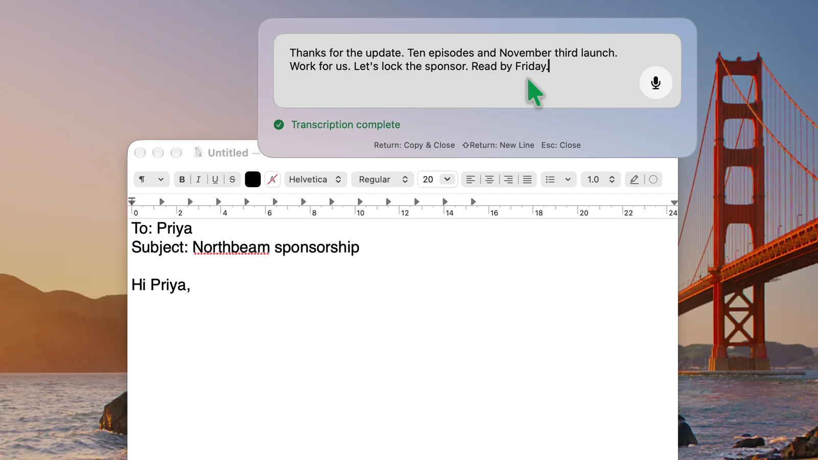 VoxStudio Voice Input window above a TextEdit email draft, showing a finished transcription and the Return: Copy & Close hint.