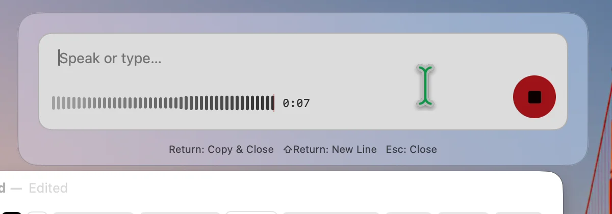 Voice Input recording, with a live waveform, timer and red stop button.
