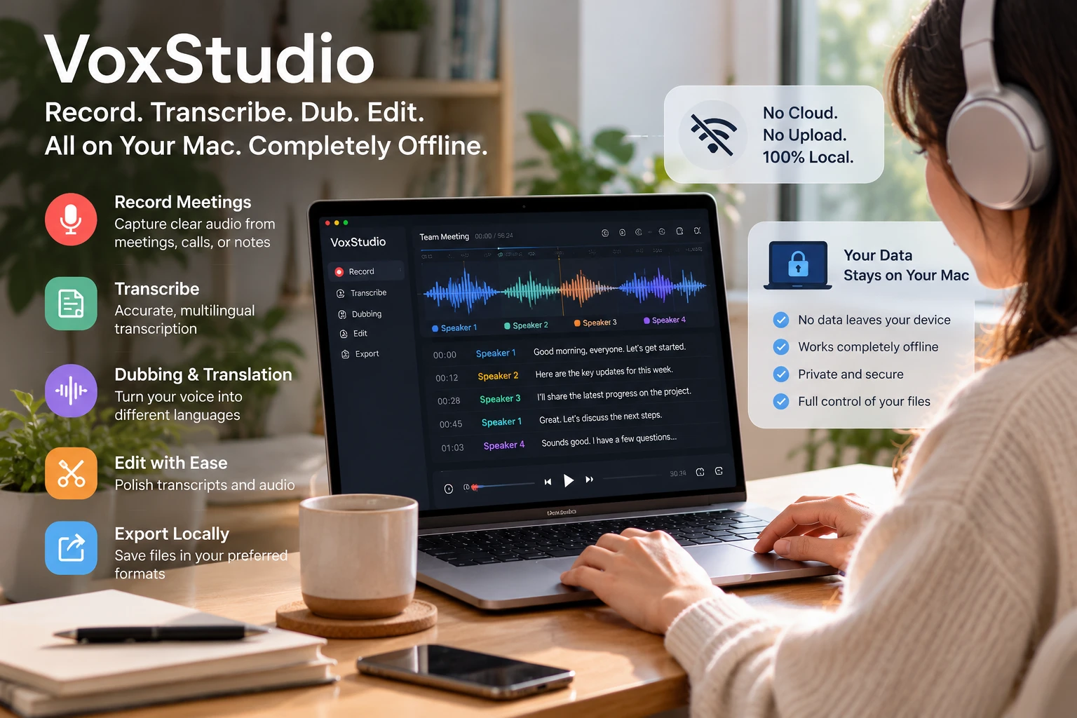 Illustration of VoxStudio for Mac on a laptop: a recording with four labelled speakers and a timestamped transcript, beside the four jobs it covers: record meetings, transcribe, dub and translate, edit and export.