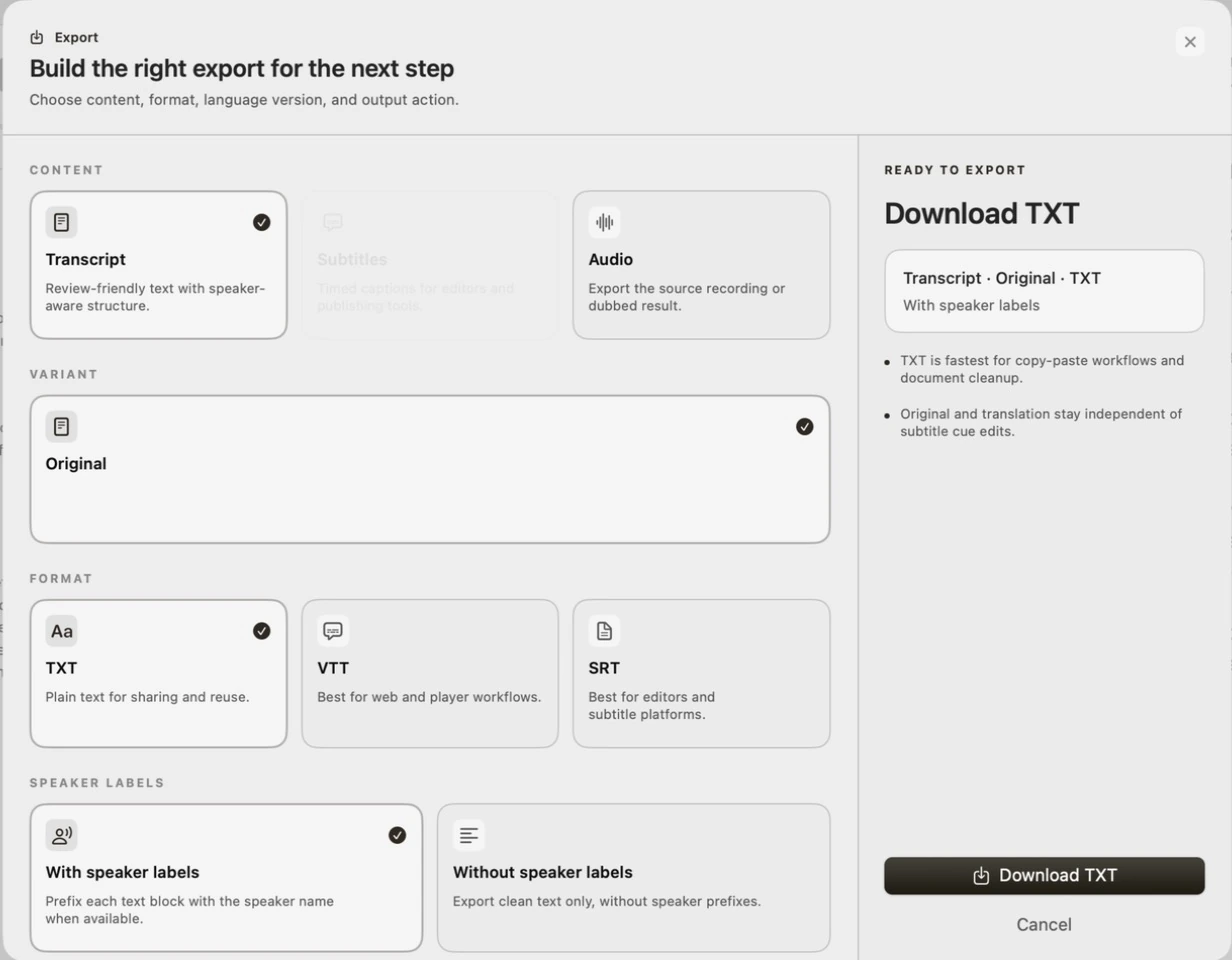 Export window with Transcript, Original, TXT and With speaker labels selected