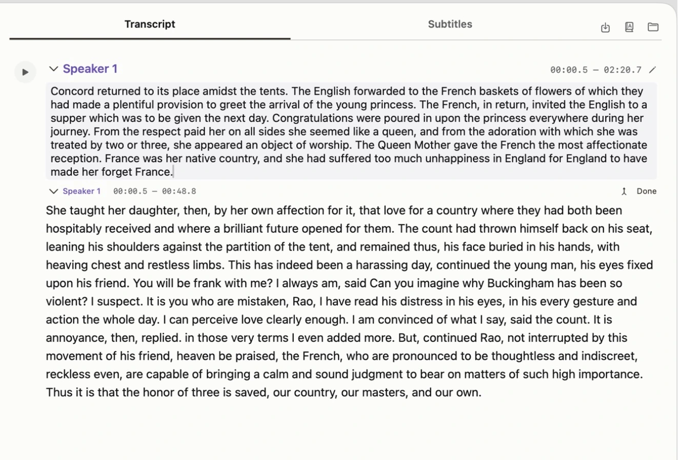Transcript block in edit mode with a Done button, the wording being corrected