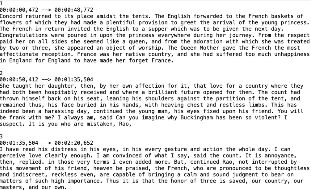 SRT exported without segmentation: three cues, each covering most of a minute of text