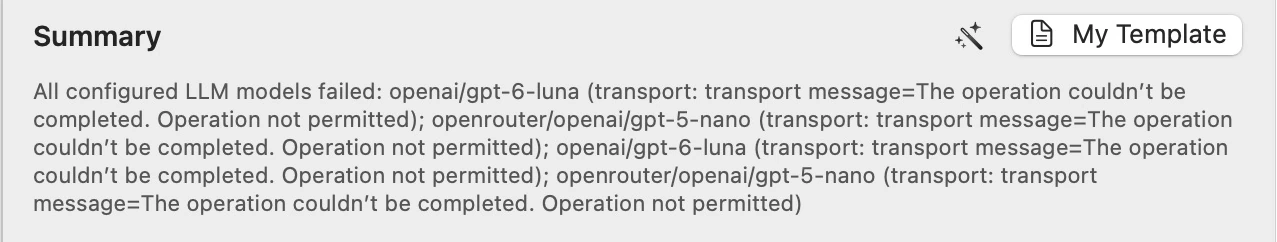 Summary panel from the offline run showing every configured LLM failing with Operation not permitted
