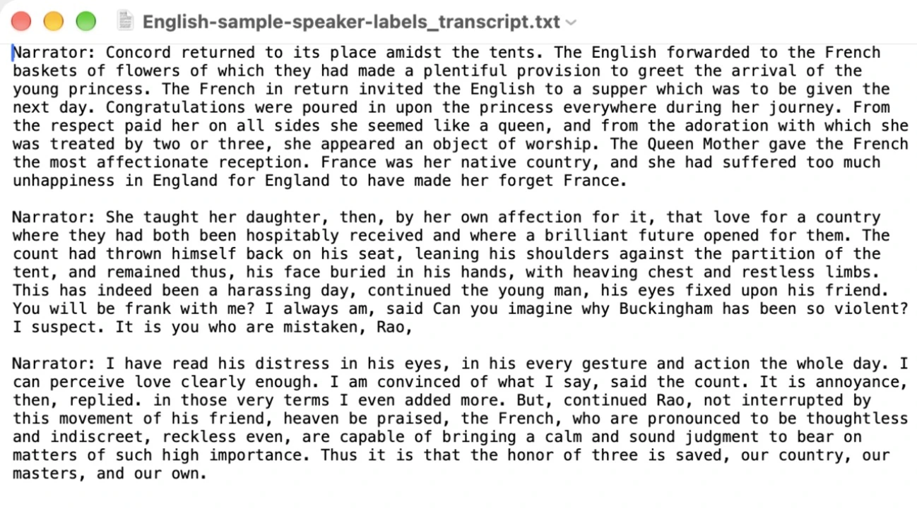 Exported TXT opened in a text editor, each block starting with the speaker name Narrator