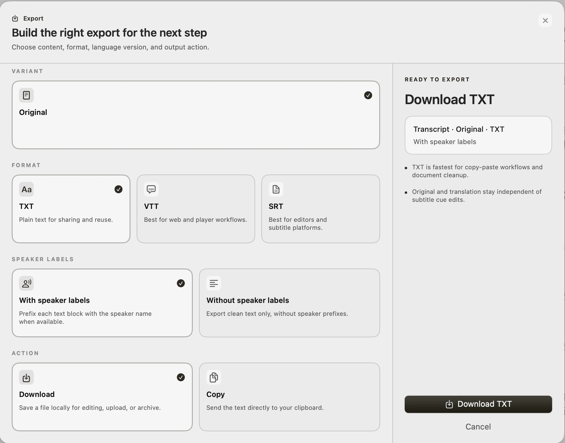 导出窗口:选择 Original、TXT,并选择 With speaker labels,操作为 Download
