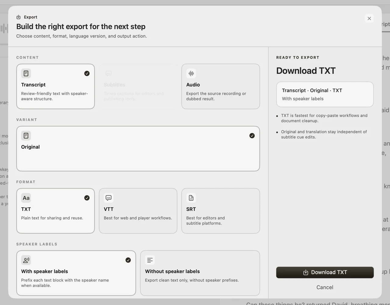 Export panel with TXT and With speaker labels selected for the held-out transcript