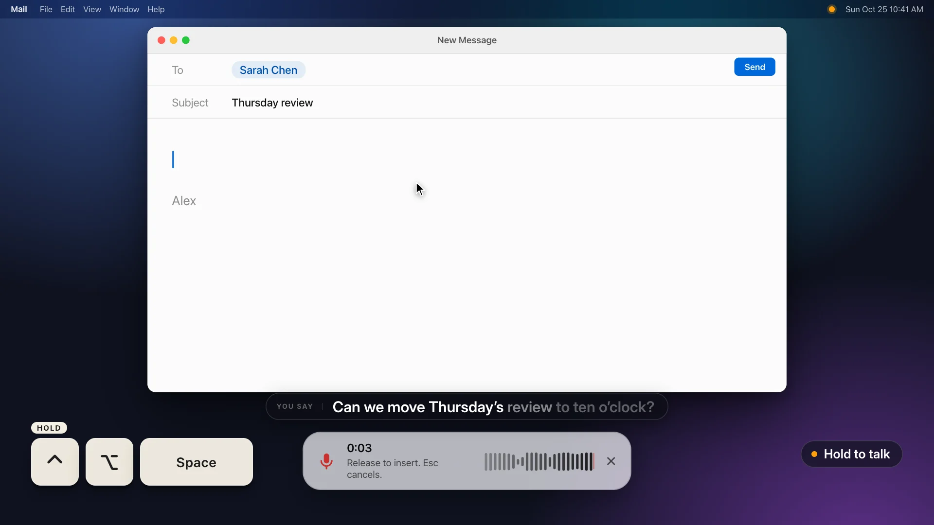 The dictation bar at the bottom of the screen while recording: elapsed time 0:03, a live waveform and the line Release to insert. Esc cancels, above a mail draft.