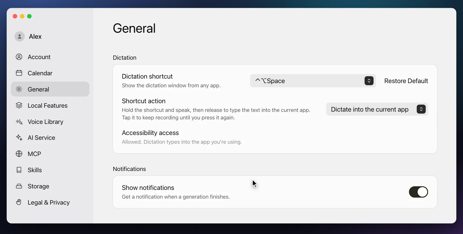 VoxStudio Settings, General page, Dictation section: Shortcut action set to Dictate into the current app and the Accessibility access row saying Allowed.