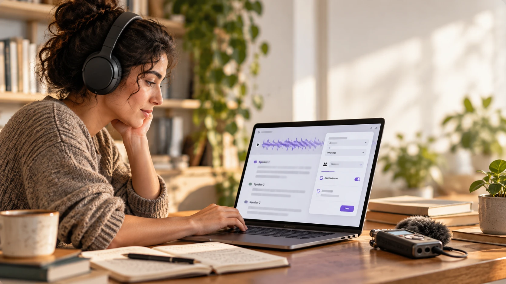 A woman wearing headphones reviews an audio transcript and waveform on her laptop beside a handheld recorder.