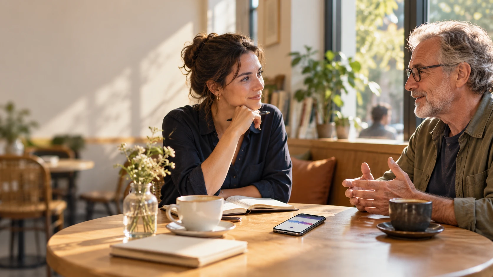 Two people talk across a cafe table with an iPhone showing an audio waveform beside them.