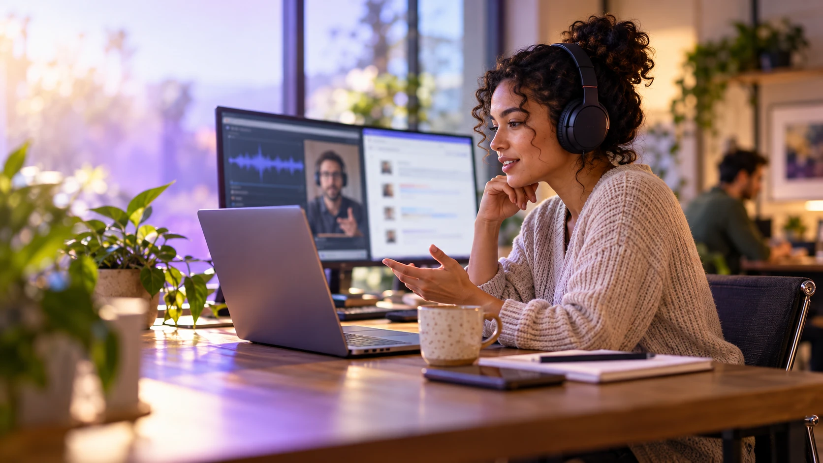 A woman wearing headphones reviews a cloud recording and transcript on her computer.