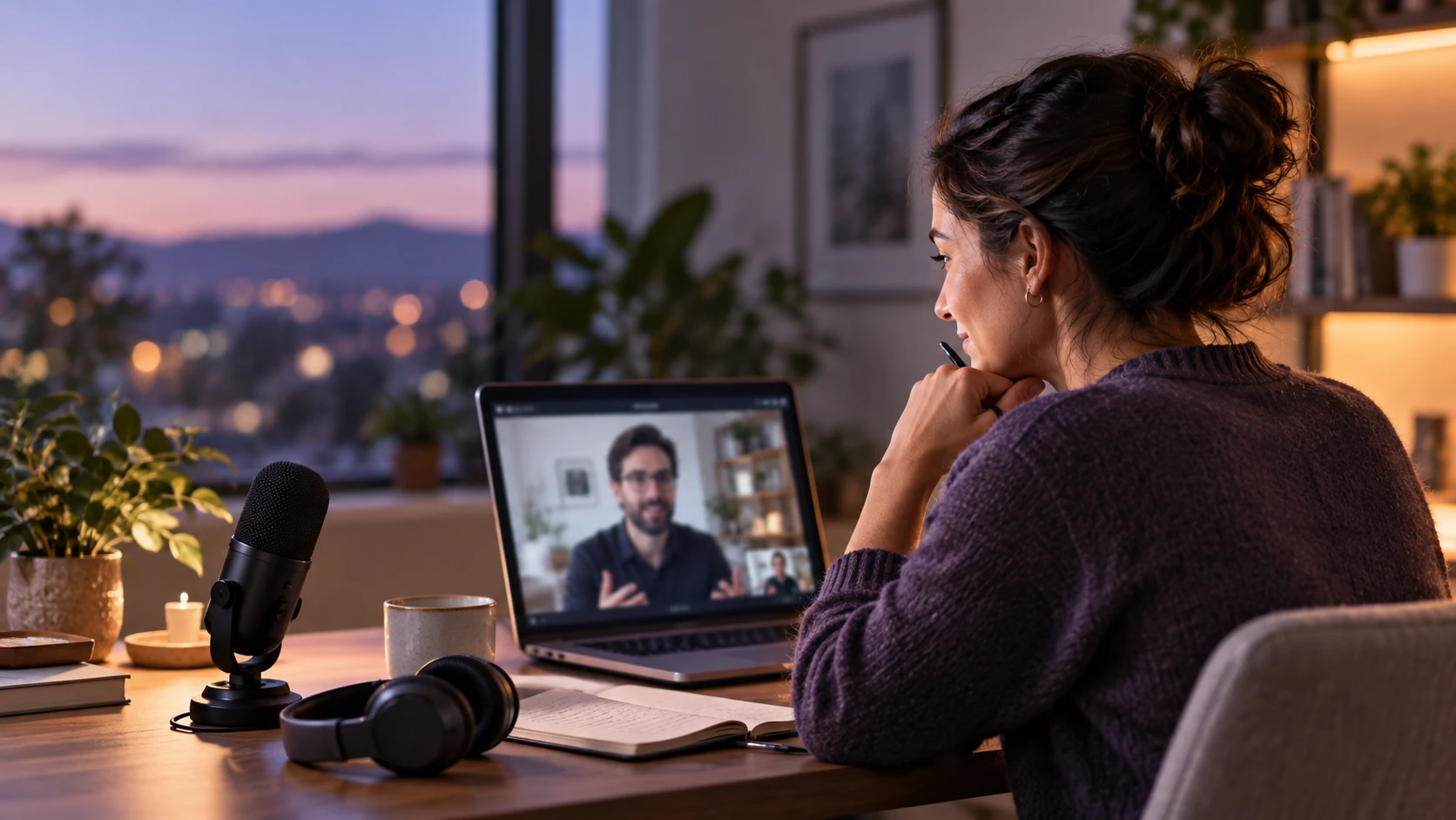 A woman watches an online video interview on her laptop with a microphone and headphones on the desk.