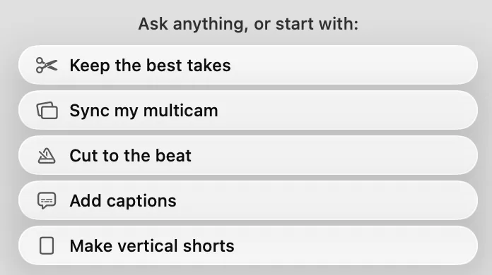 VoxStudio 视频编辑器中的 AI Chat:可以直接提问,或从 Keep the best takes、Sync my multicam、Cut to the beat、Add captions、Make vertical shorts 开始。