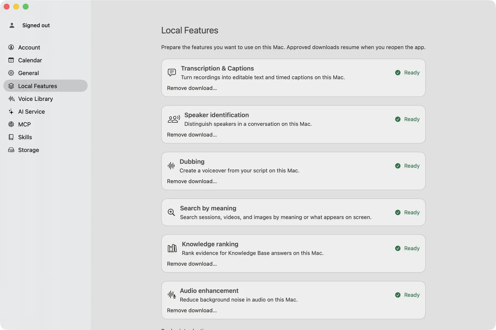The VoxStudio Local Features settings page listing Transcription & Captions, Speaker identification, Dubbing, Search by meaning, Knowledge ranking and Audio enhancement, each marked Ready.