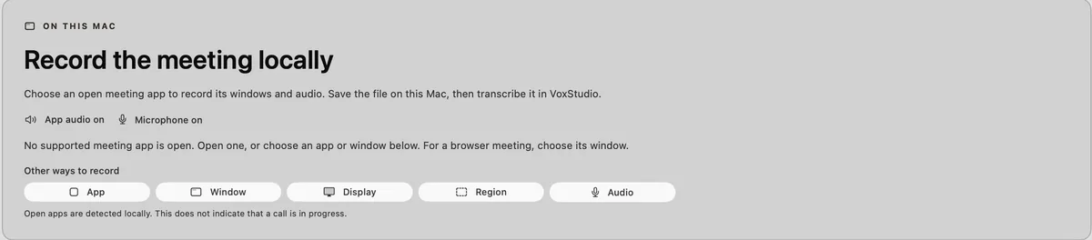 VoxStudio Meeting Recorder detecting a meeting app with a Record this app control