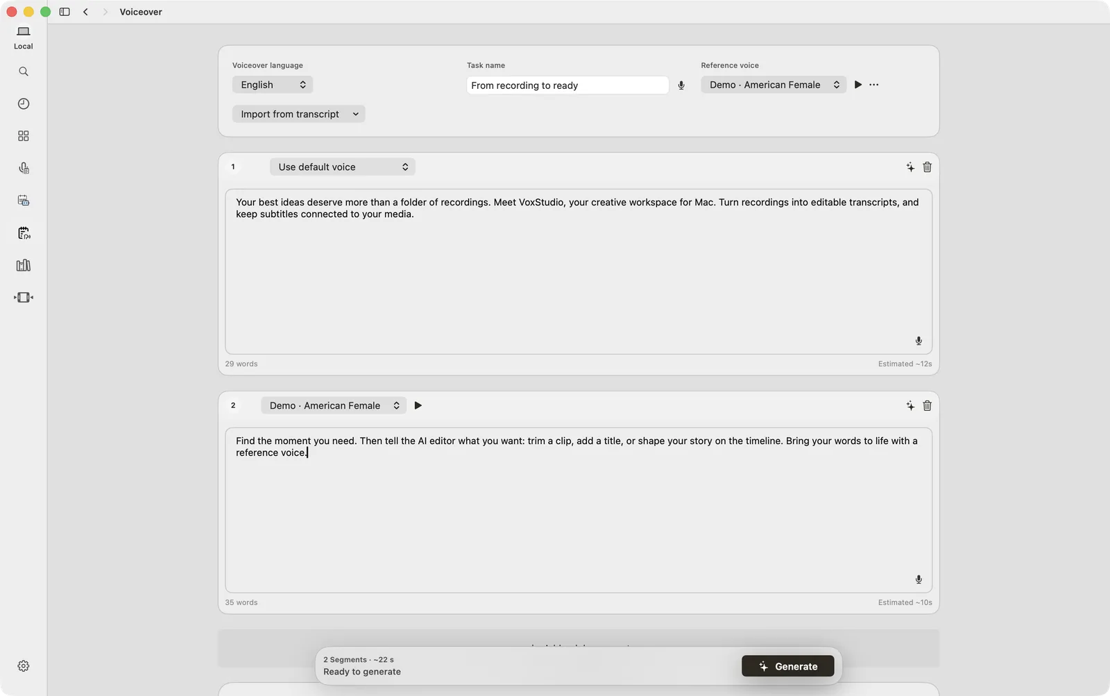 The VoxStudio Voiceover builder with a language selector, a task name, a reference voice, two script segments with a voice each, and a Generate button.