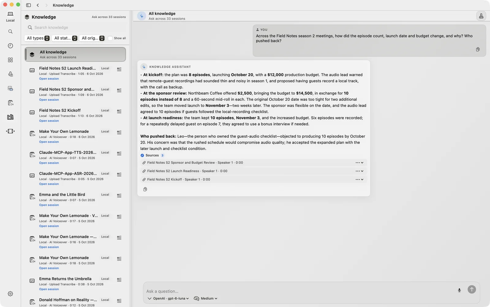 VoxStudio knowledge assistant answering a question across three Field Notes meetings, with three cited source sessions.