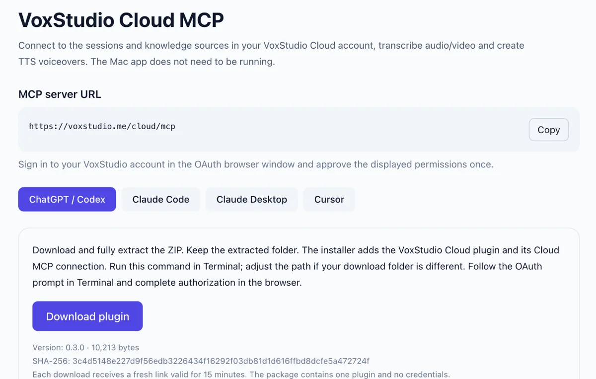 VoxStudio Cloud MCP settings showing the server URL and setup tabs for ChatGPT / Codex, Claude Code, Claude Desktop and Cursor.